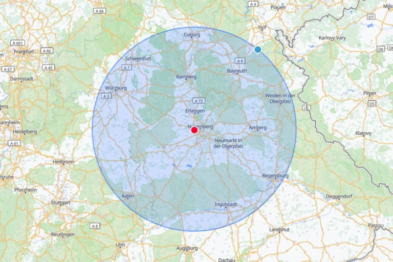 Bild einer Karte mit der Darstellung des Einzugsgebiets der LEONDA Energie GmbH mit 100 km rund um Nürnberg.